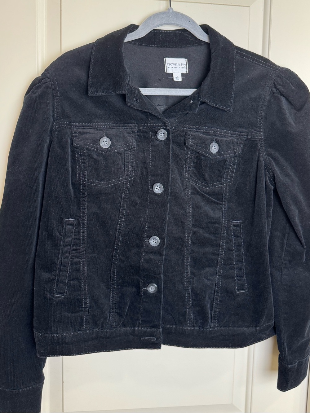 Crown & Ivy Black Corduroy Puff Sleeve Trucker Jacket Size L